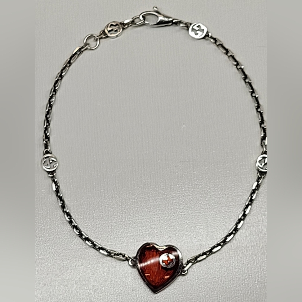 SOLD!!!Gucci Interlocking G Red Enamel Heart Pendant Bracelet 925 silver - Picture 3 of 4